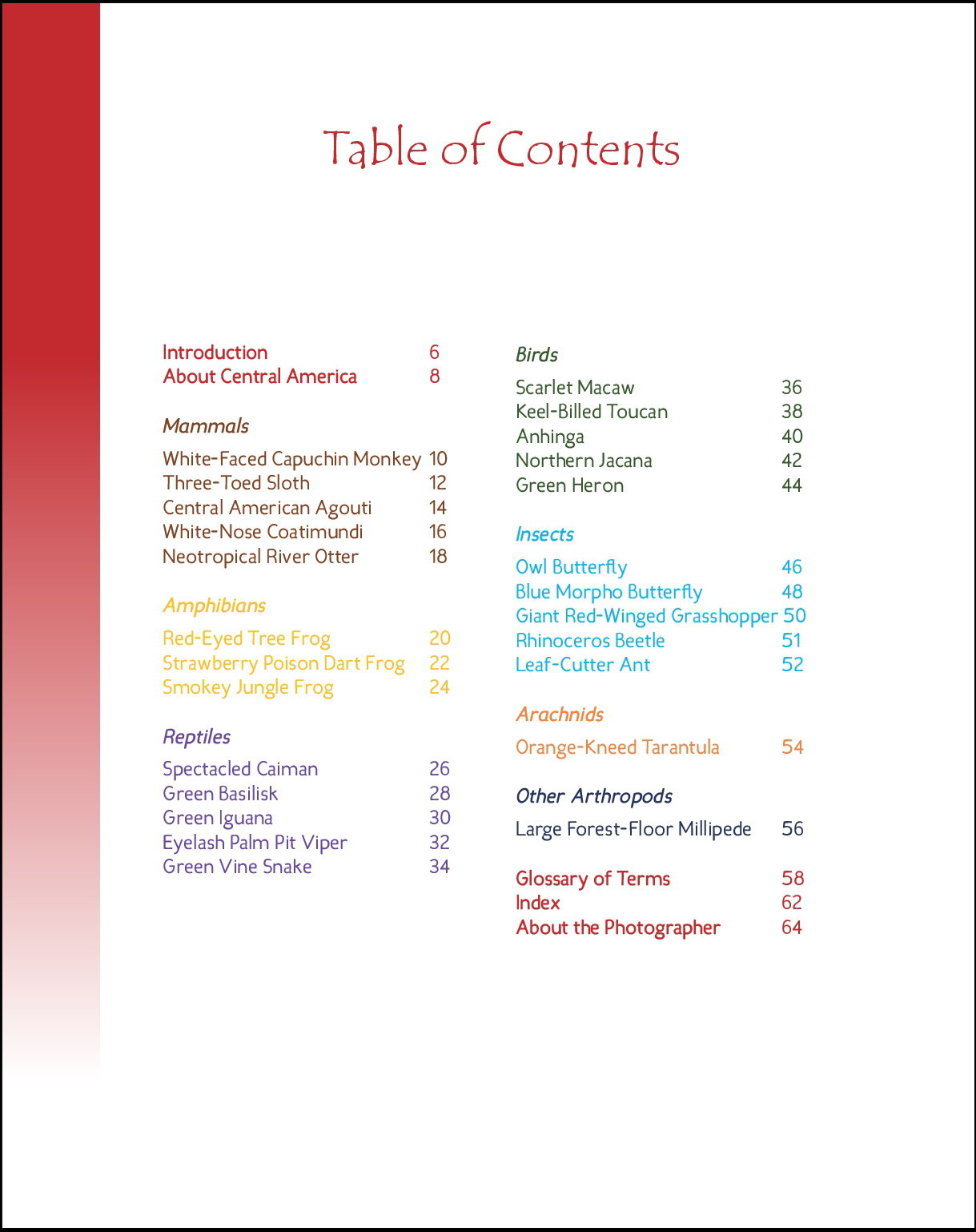 Wildlife in Central America 1 - Table of Contents