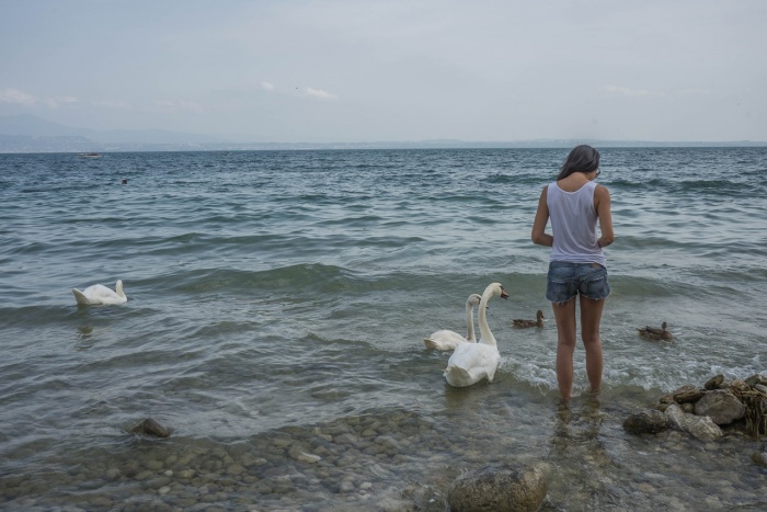 Woman with Swans in Water